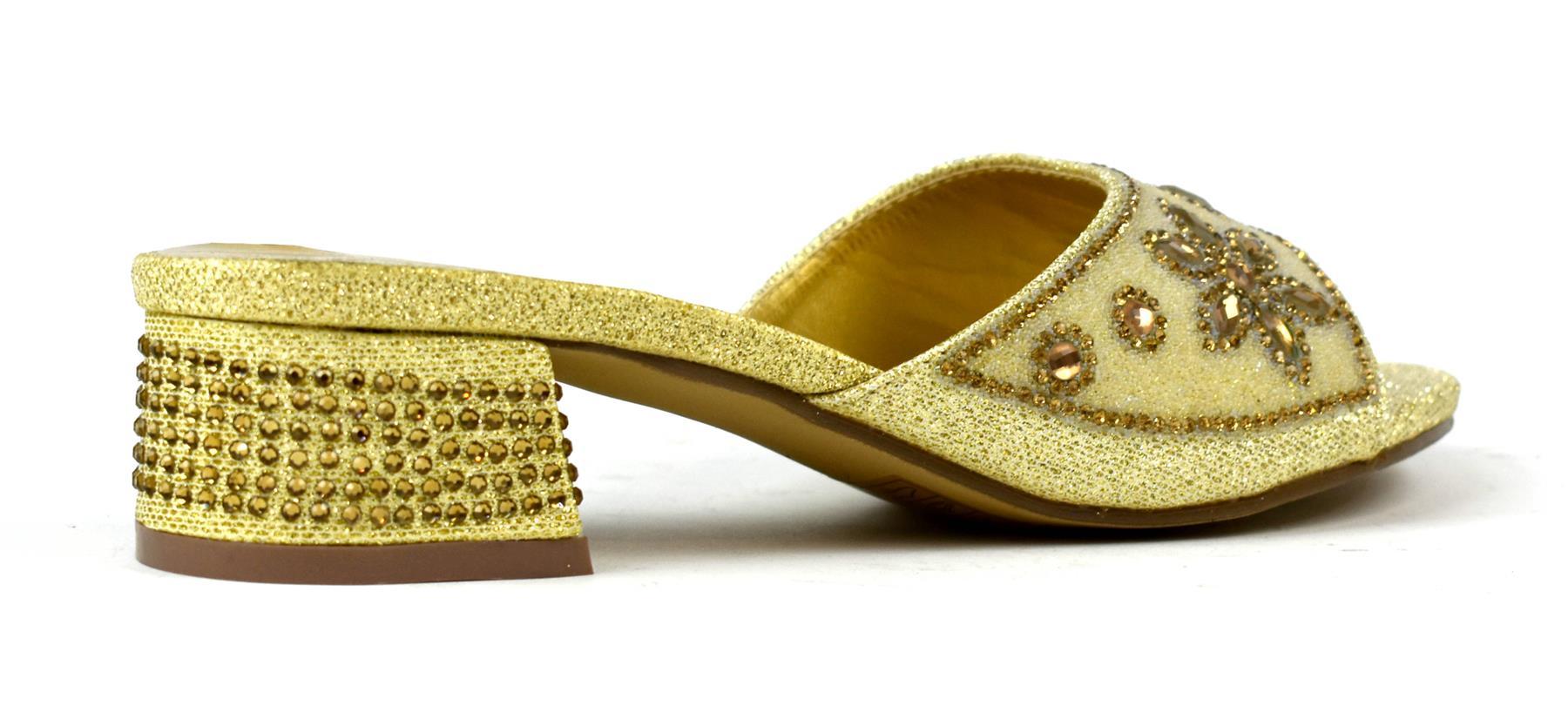 Elegant Flower Stone Diamante Block Heel in Gold with sparkling details, perfect for special occasions.