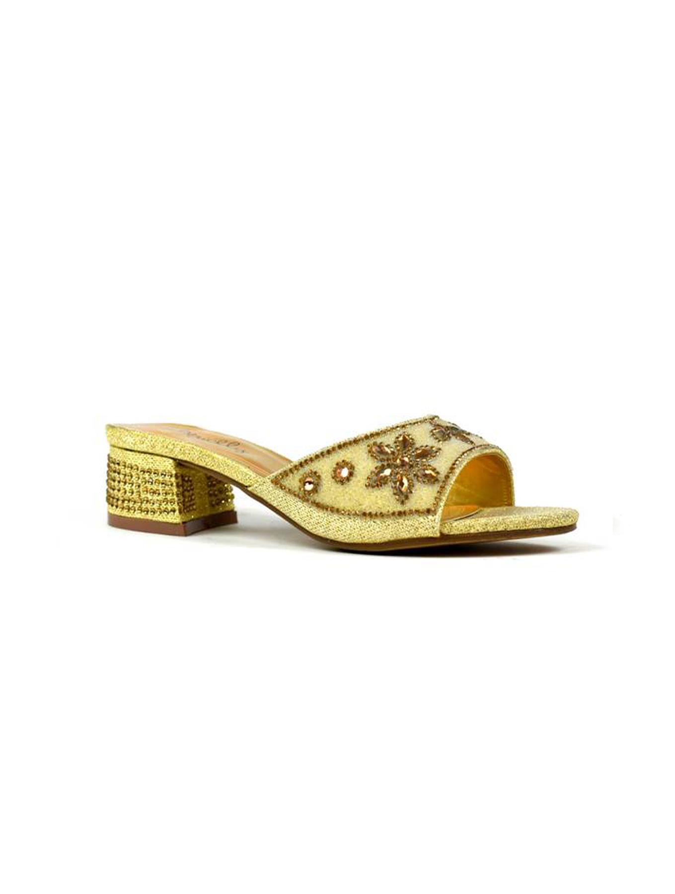 Elegant Flower Stone Diamante Block Heel in Gold with sparkling details, perfect for special occasions.