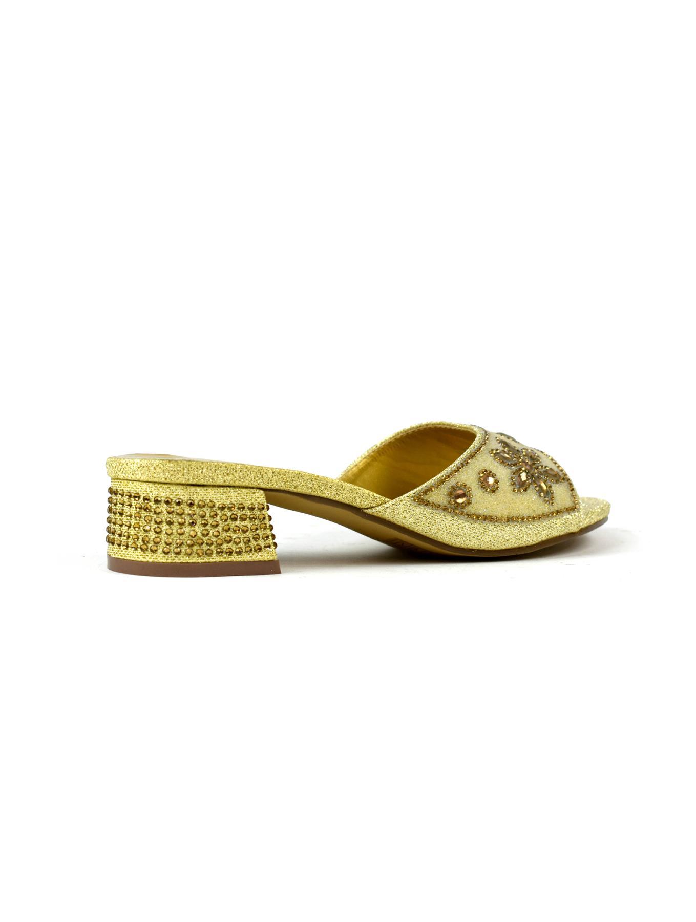 Elegant Flower Stone Diamante Block Heel in Gold with sparkling details, perfect for special occasions.