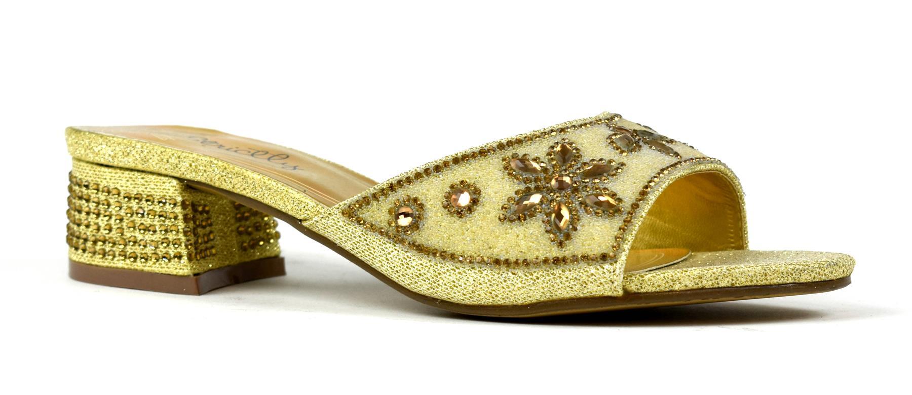 Elegant Flower Stone Diamante Block Heel in Gold with sparkling details, perfect for special occasions.