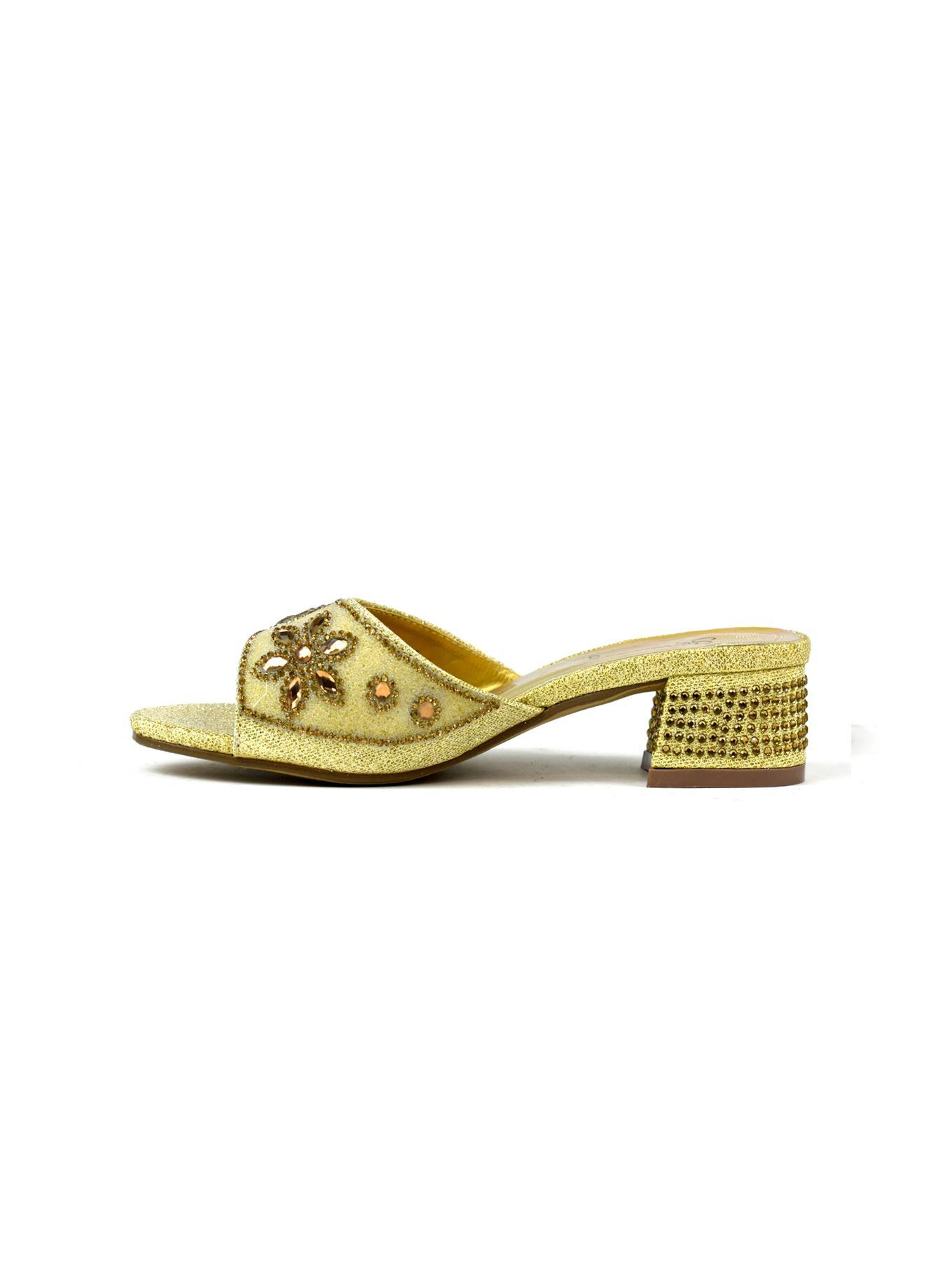 Elegant Flower Stone Diamante Block Heel in Gold with sparkling details, perfect for special occasions.