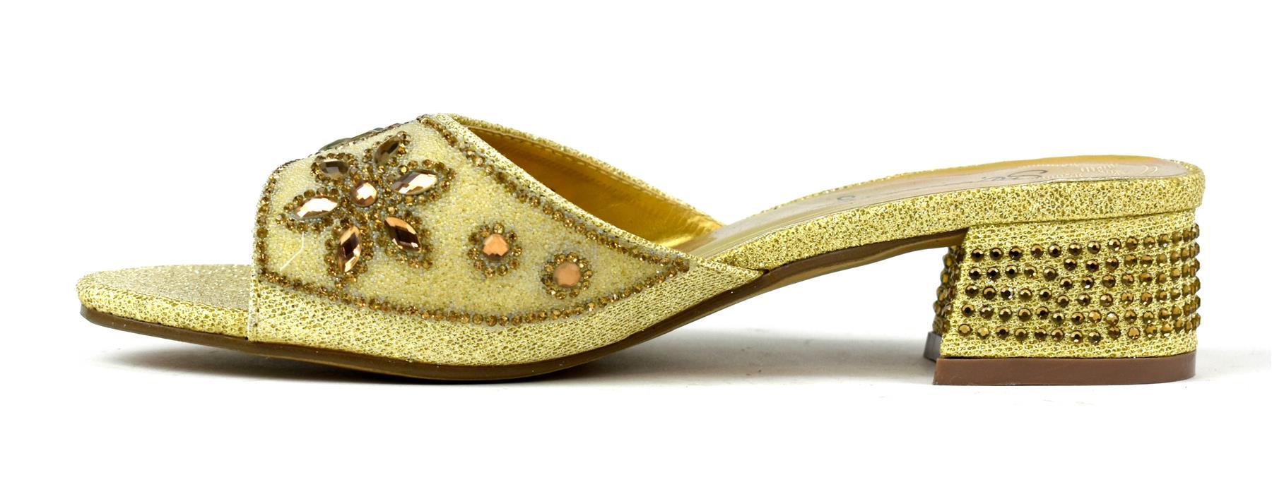 Elegant Flower Stone Diamante Block Heel in Gold with sparkling details, perfect for special occasions.