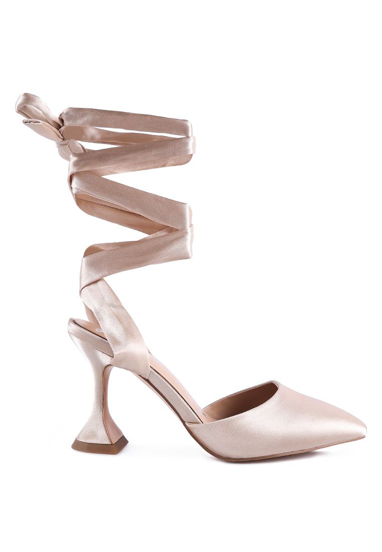 Fonda Pump satin sandals featuring a spool heel and lace-up detail, perfect for weddings and parties.