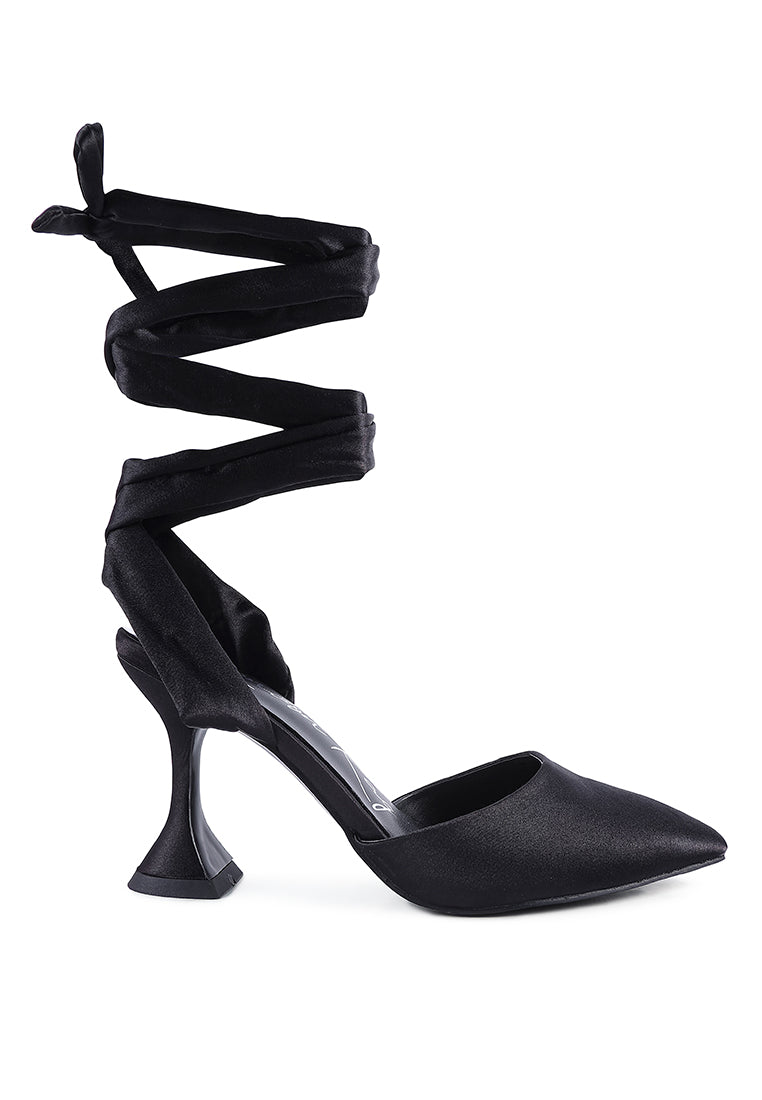 Fonda Pump satin sandals featuring a spool heel and lace-up detail, perfect for weddings and parties.