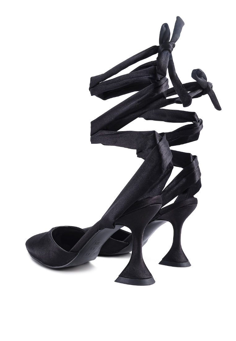 Fonda Pump satin sandals featuring a spool heel and lace-up detail, perfect for weddings and parties.