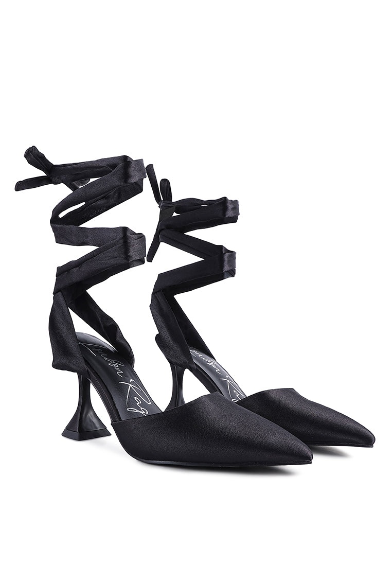 Fonda Pump satin sandals featuring a spool heel and lace-up detail, perfect for weddings and parties.