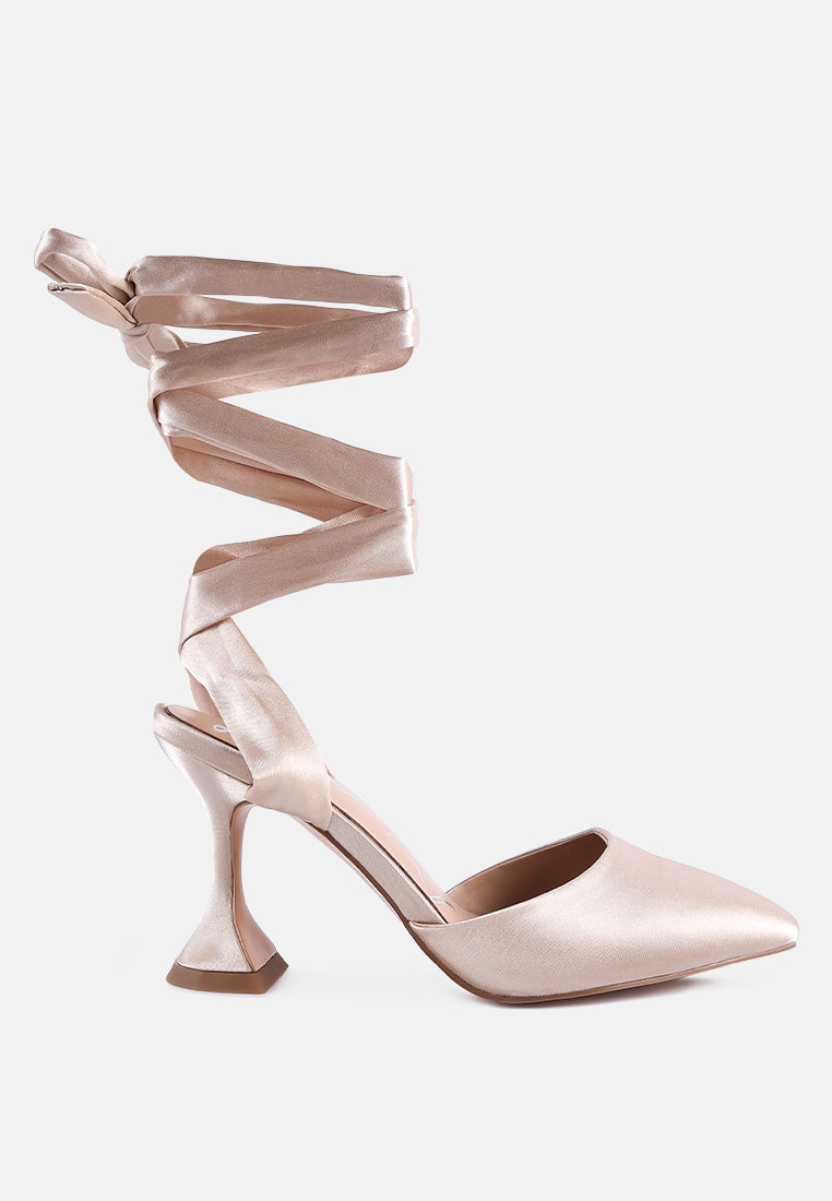 Fonda Pump satin sandals featuring a spool heel and lace-up detail, perfect for weddings and parties.