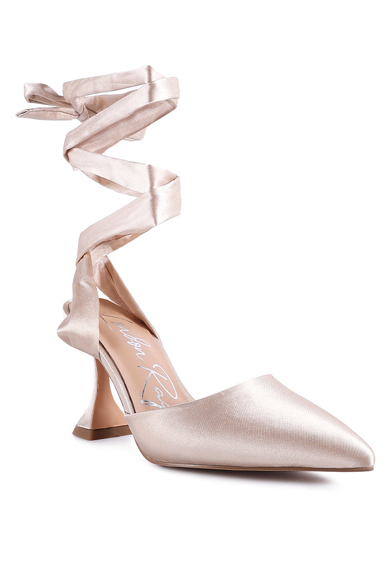 Fonda Pump satin sandals featuring a spool heel and lace-up detail, perfect for weddings and parties.