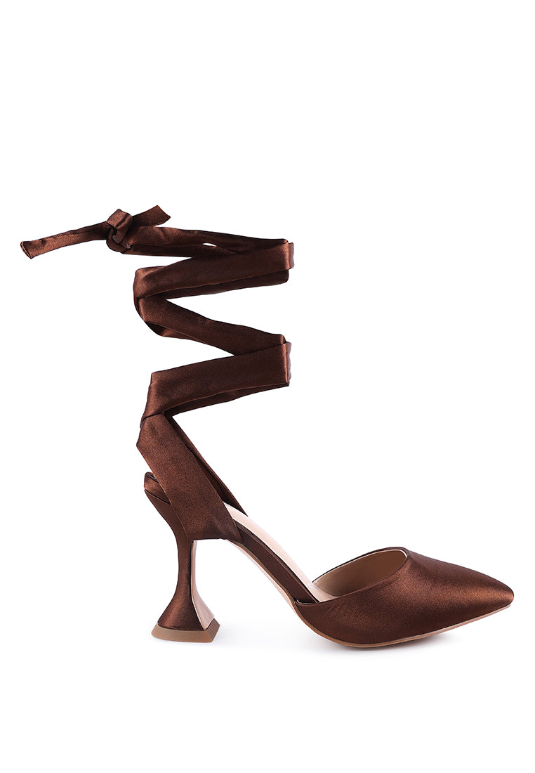 Fonda Pump satin sandals featuring a spool heel and lace-up detail, perfect for weddings and parties.