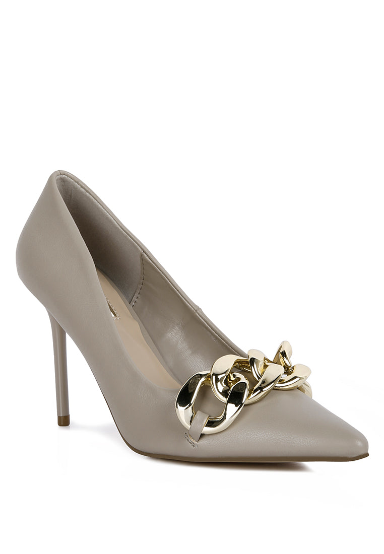 Fontana Link Chain Detail High Heel Pumps featuring a metal chain accent, faux leather exterior, and closed pointed toe design.