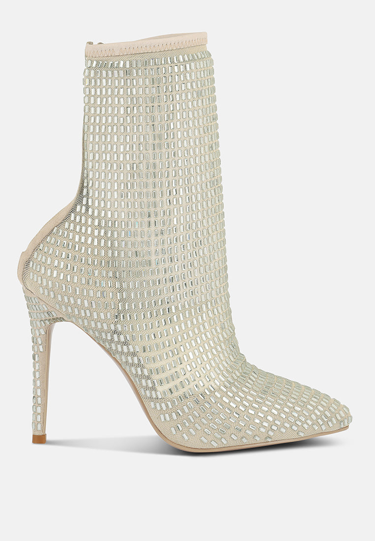 Fortunate Rhinestones Embellished Mesh Boots featuring dazzling rhinestones, sheer mesh fabric, and high heel stilettos for a glamorous look.