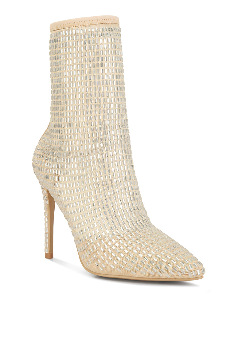 Fortunate Rhinestones Embellished Mesh Boots featuring dazzling rhinestones, sheer mesh fabric, and high heel stilettos for a glamorous look.