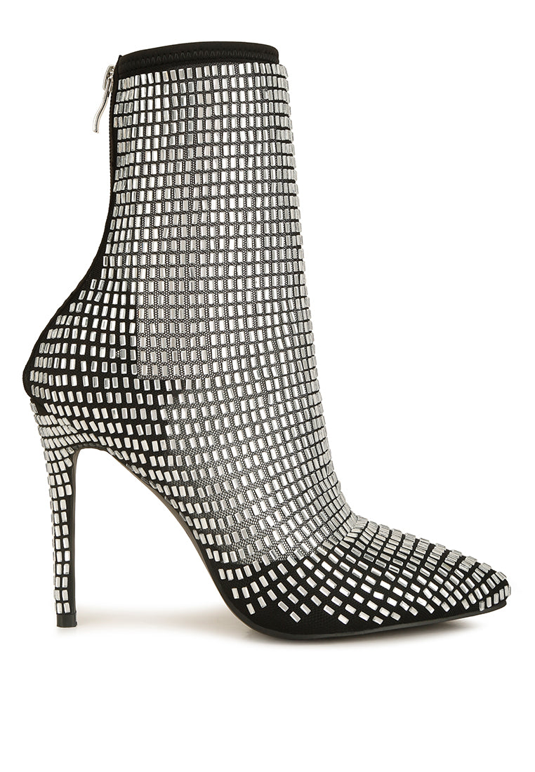 Fortunate Rhinestones Embellished Mesh Boots featuring dazzling rhinestones, sheer mesh fabric, and high heel stilettos for a glamorous look.