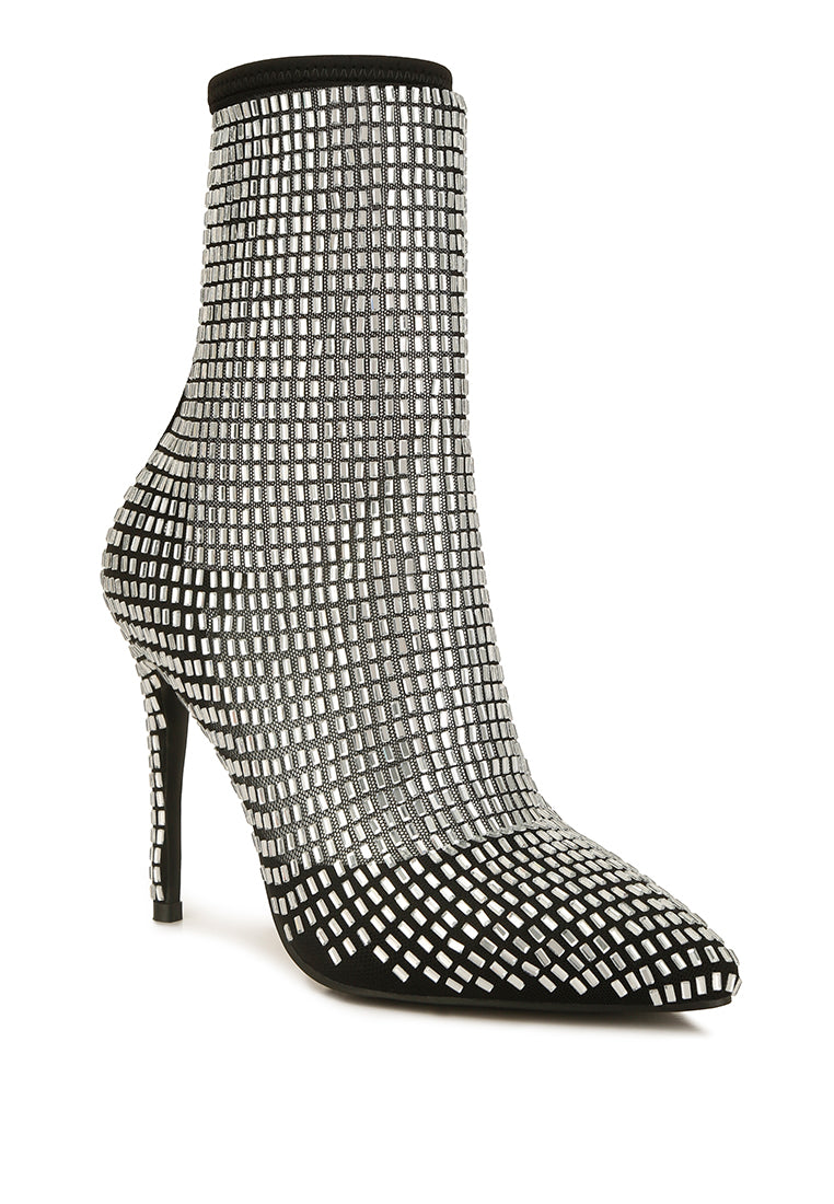 Fortunate Rhinestones Embellished Mesh Boots featuring dazzling rhinestones, sheer mesh fabric, and high heel stilettos for a glamorous look.