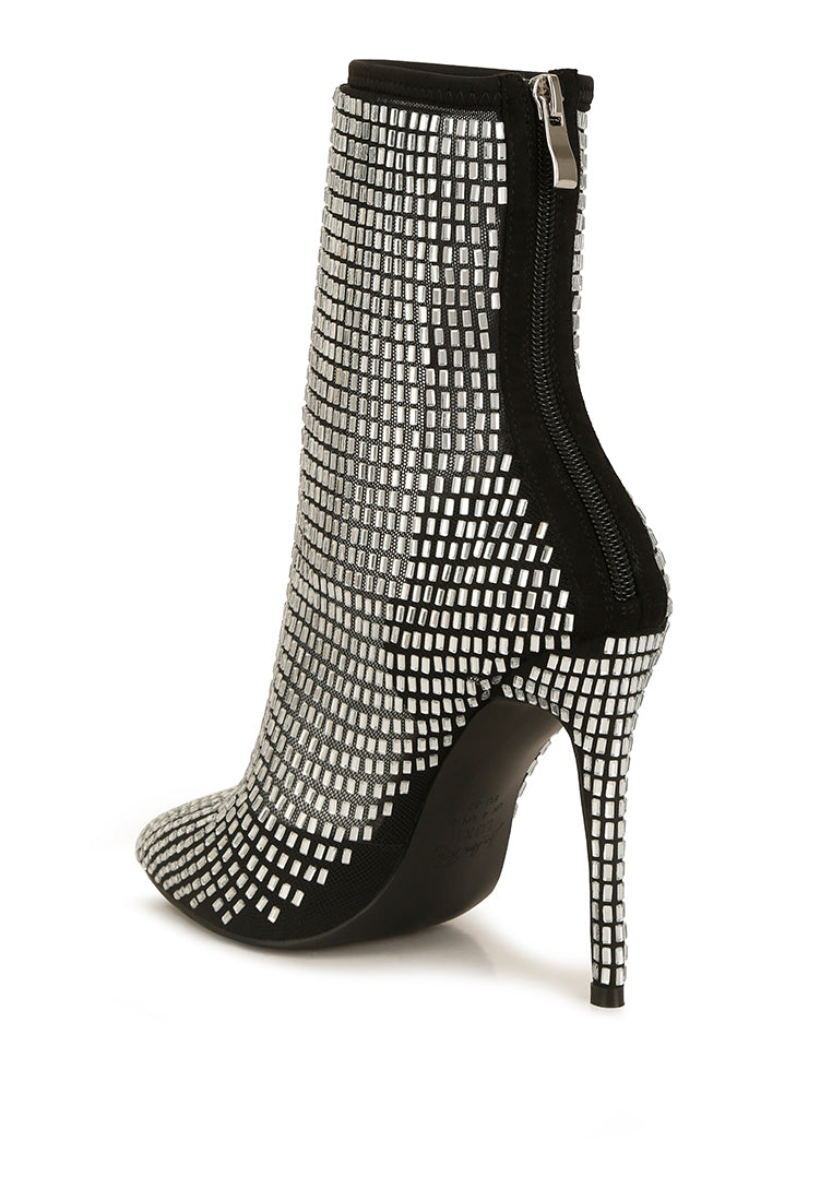 Fortunate Rhinestones Embellished Mesh Boots featuring dazzling rhinestones, sheer mesh fabric, and high heel stilettos for a glamorous look.