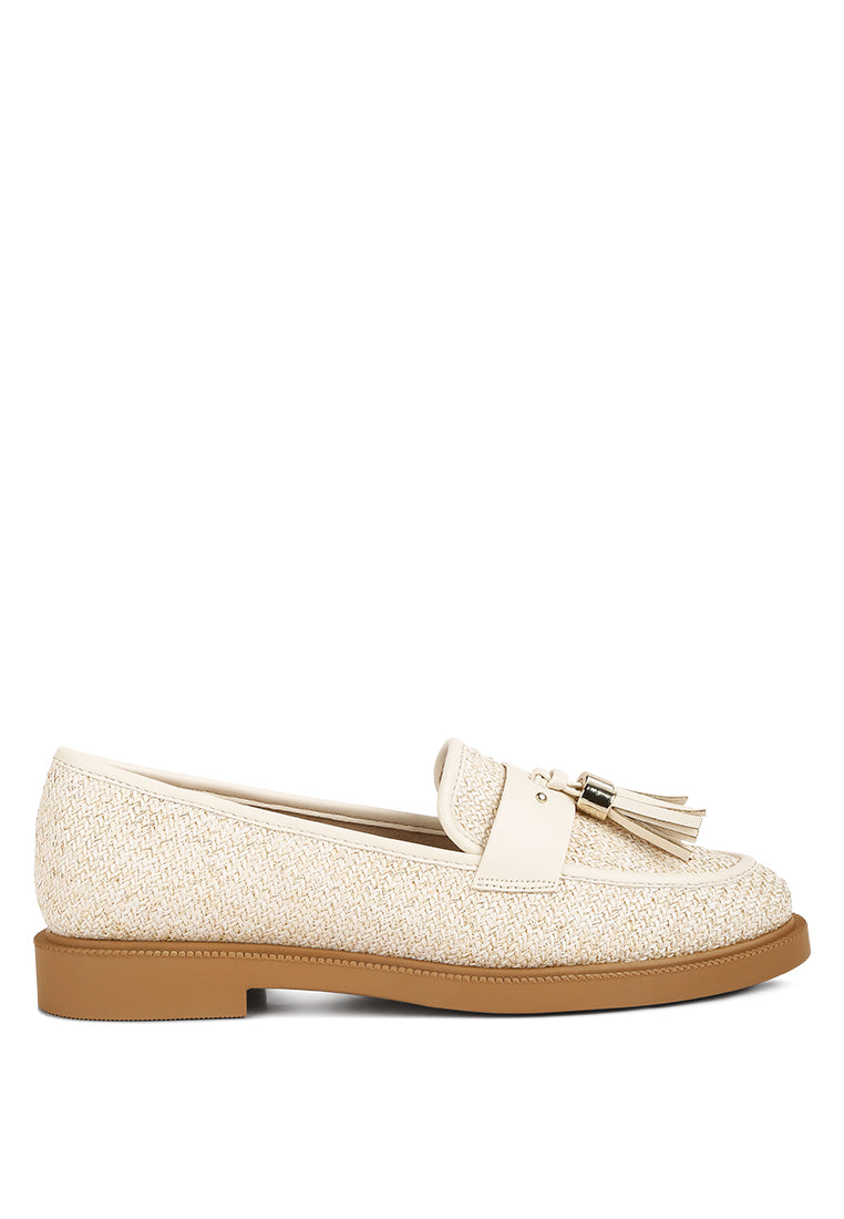 Foxford Tassle Detail Raffia Loafers featuring faux leather accents and a stylish tassle detail, perfect for summer outfits.