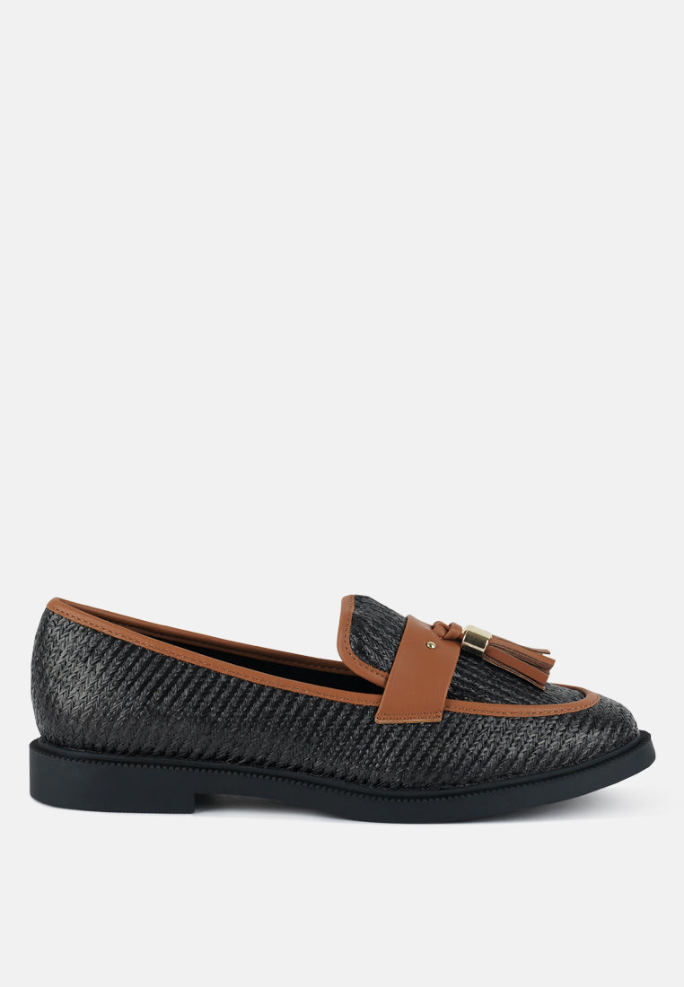 Foxford Tassle Detail Raffia Loafers featuring faux leather accents and a stylish tassle detail, perfect for summer outfits.