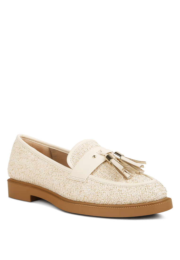 Foxford Tassle Detail Raffia Loafers featuring faux leather accents and a stylish tassle detail, perfect for summer outfits.