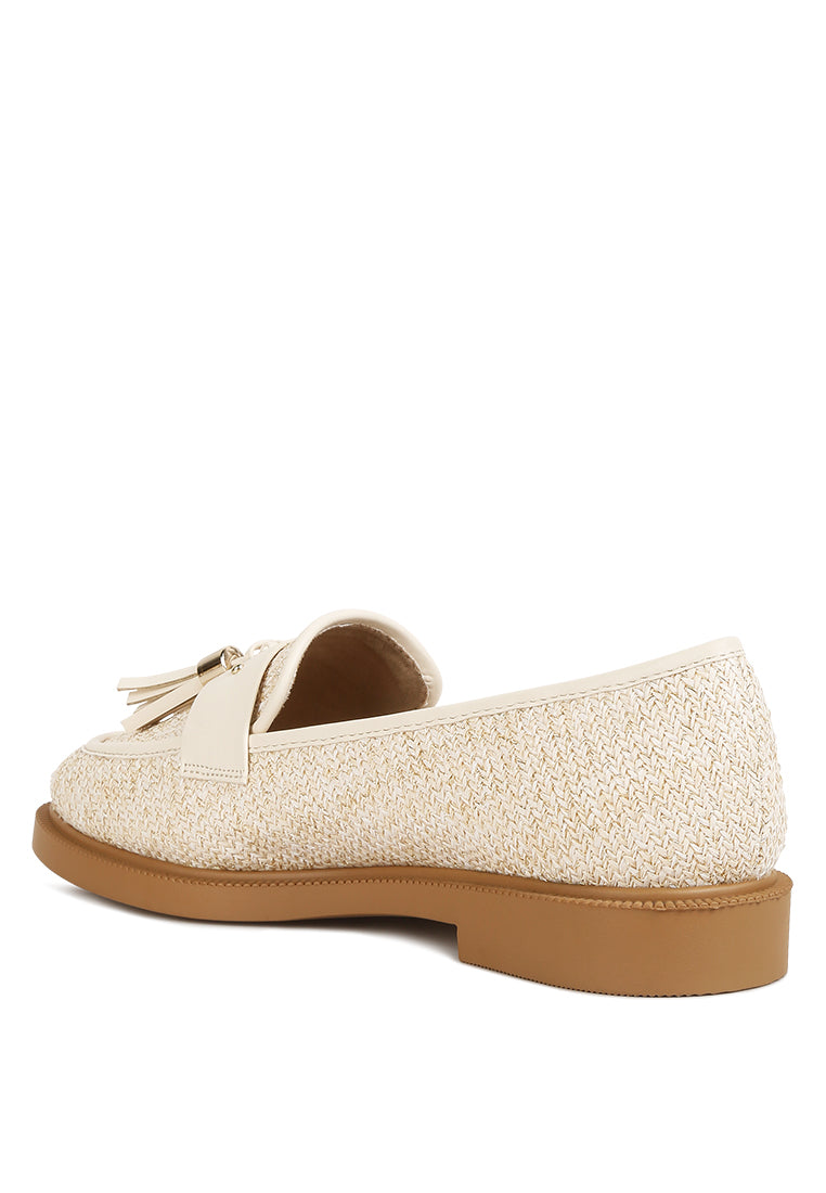 Foxford Tassle Detail Raffia Loafers featuring faux leather accents and a stylish tassle detail, perfect for summer outfits.