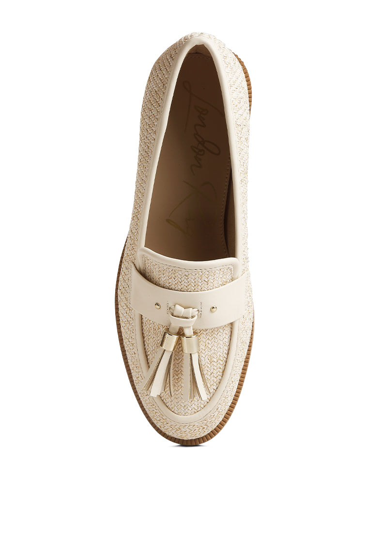 Foxford Tassle Detail Raffia Loafers featuring faux leather accents and a stylish tassle detail, perfect for summer outfits.