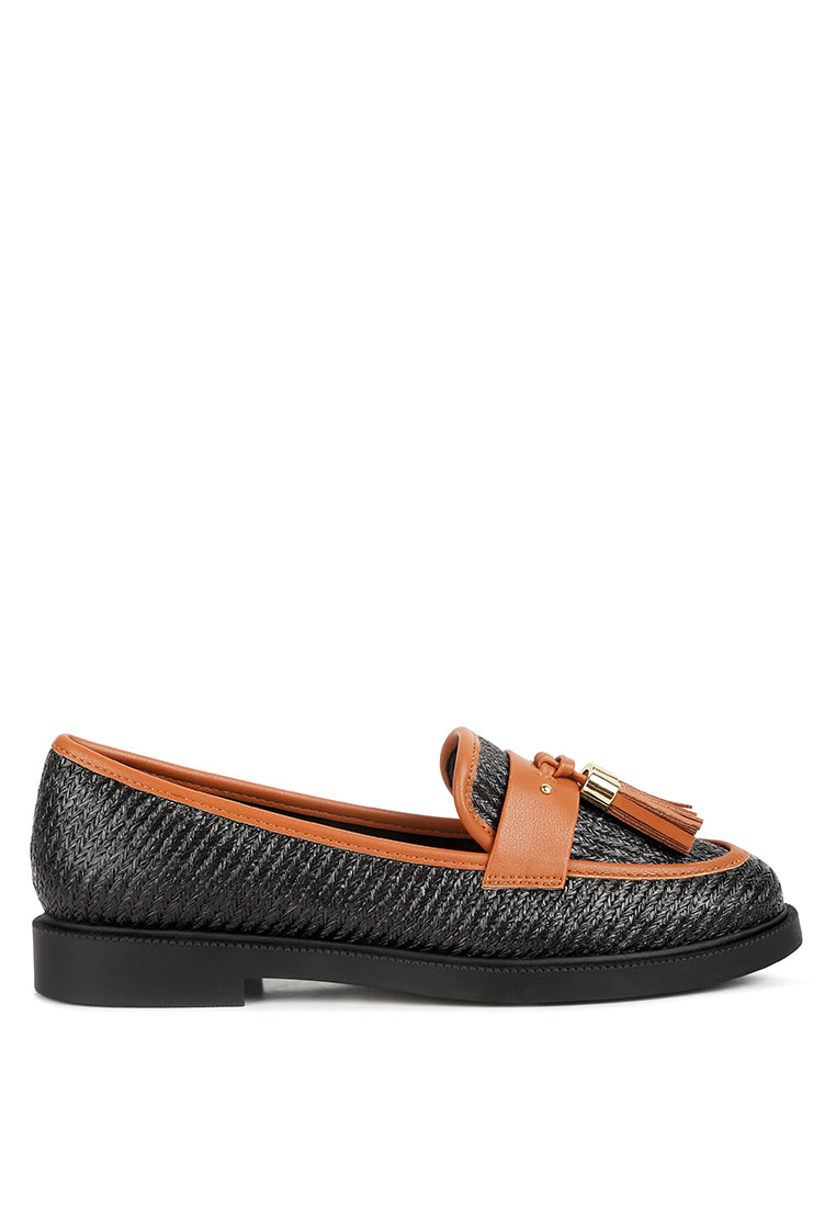 Foxford Tassle Detail Raffia Loafers featuring faux leather accents and a stylish tassle detail, perfect for summer outfits.