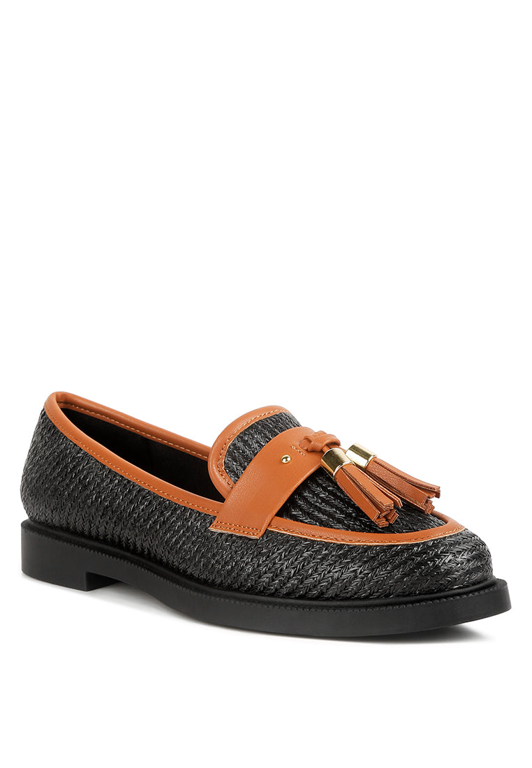 Foxford Tassle Detail Raffia Loafers featuring faux leather accents and a stylish tassle detail, perfect for summer outfits.