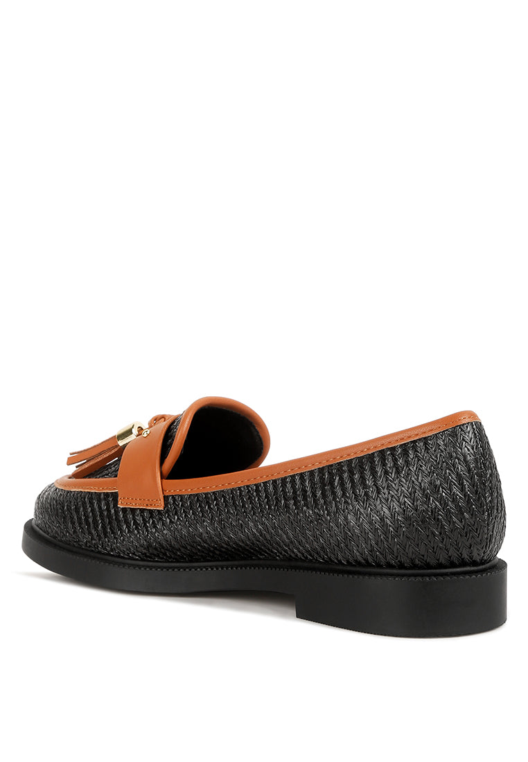 Foxford Tassle Detail Raffia Loafers featuring faux leather accents and a stylish tassle detail, perfect for summer outfits.