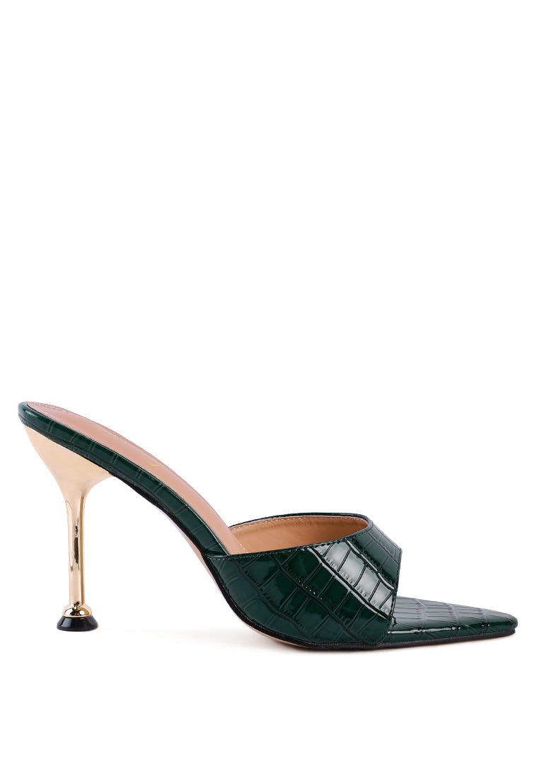 Stylish French Cut Croc Texture Patent Faux Leather Sandals with pointed toe and high heels, showcasing a sleek design.