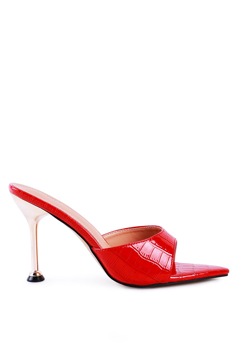 Stylish French Cut Croc Texture Patent Faux Leather Sandals with pointed toe and high heels, showcasing a sleek design.