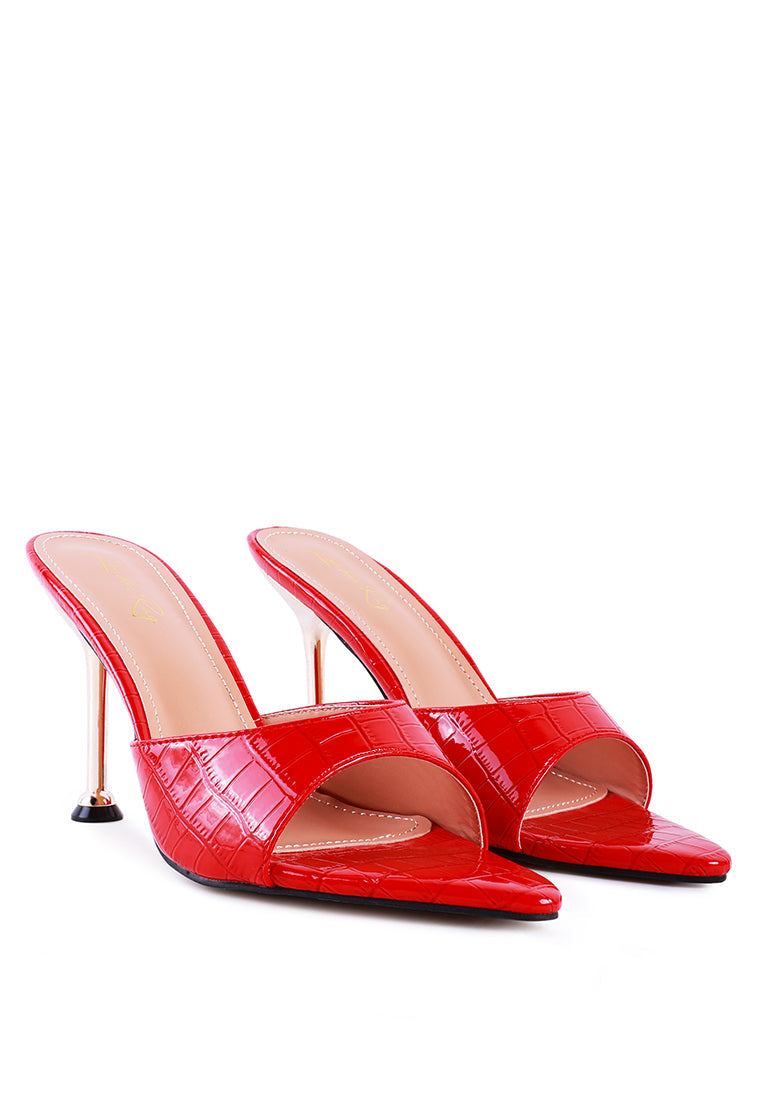 Stylish French Cut Croc Texture Patent Faux Leather Sandals with pointed toe and high heels, showcasing a sleek design.