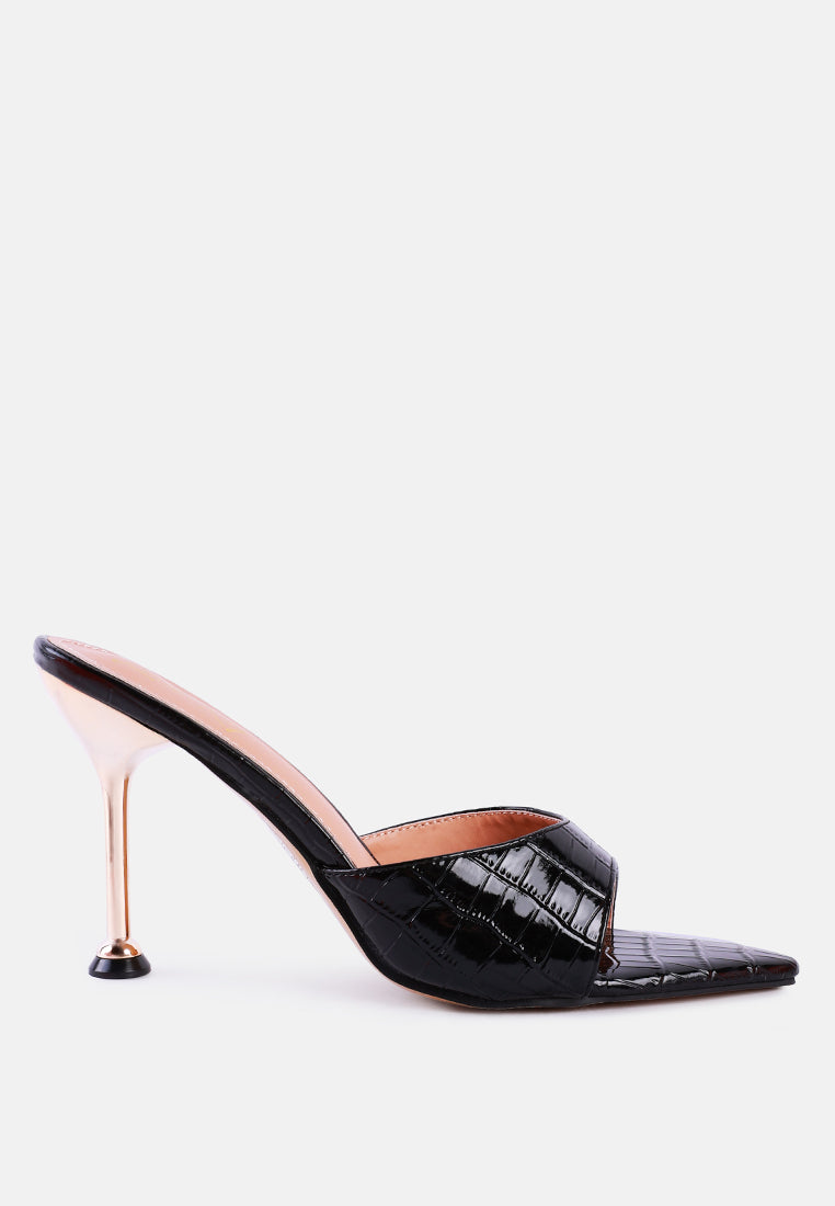 Stylish French Cut Croc Texture Patent Faux Leather Sandals with pointed toe and high heels, showcasing a sleek design.