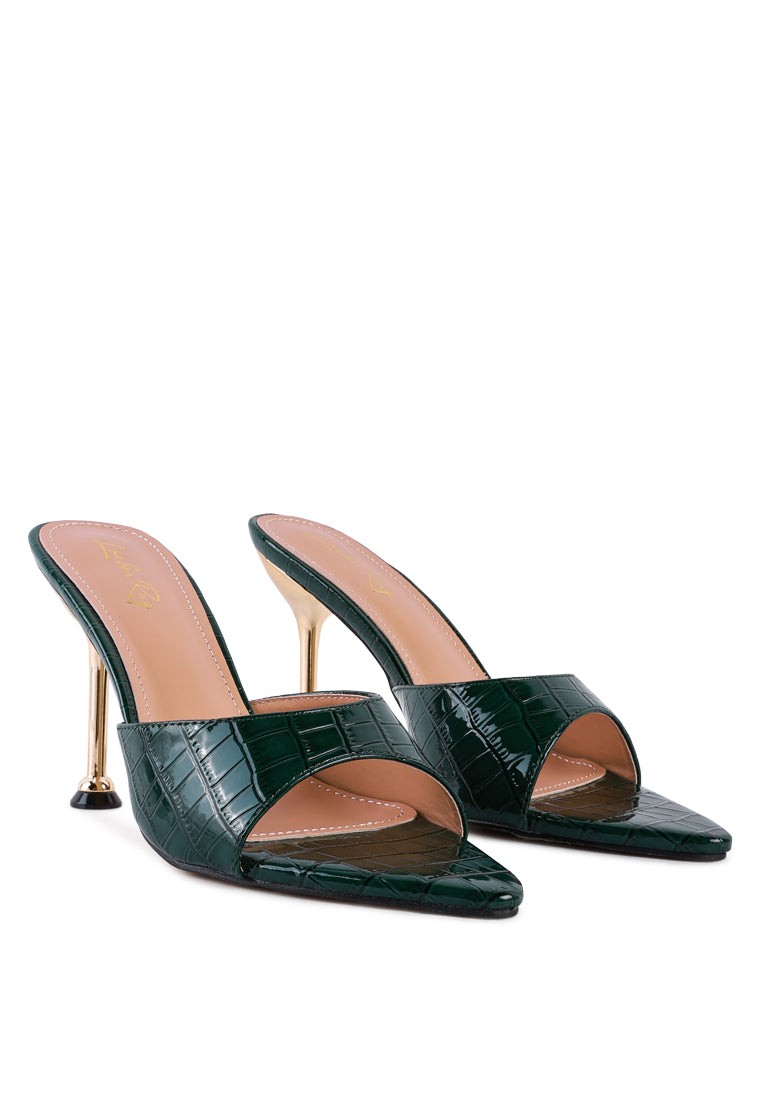 Stylish French Cut Croc Texture Patent Faux Leather Sandals with pointed toe and high heels, showcasing a sleek design.