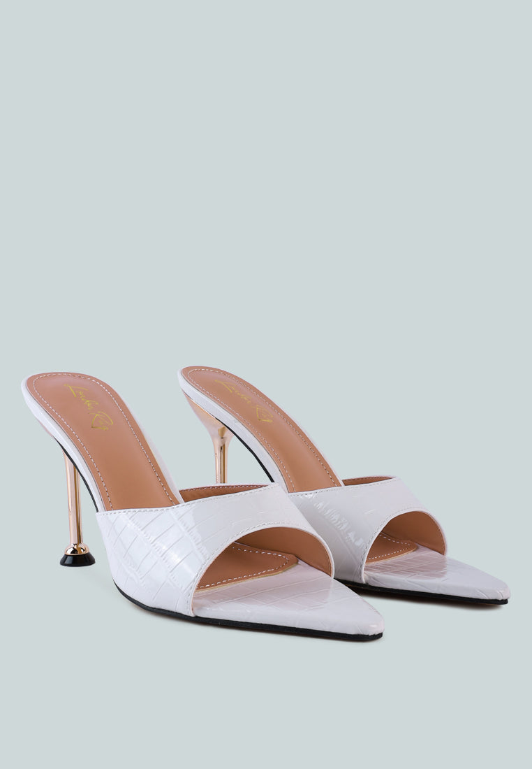 Stylish French Cut Croc Texture Patent Faux Leather Sandals with pointed toe and high heels, showcasing a sleek design.