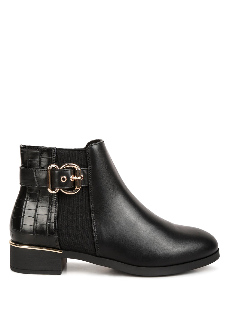 Frothy Buckled Ankle Boots featuring croc detail, metallic buckle, and block heels, perfect for formal occasions.