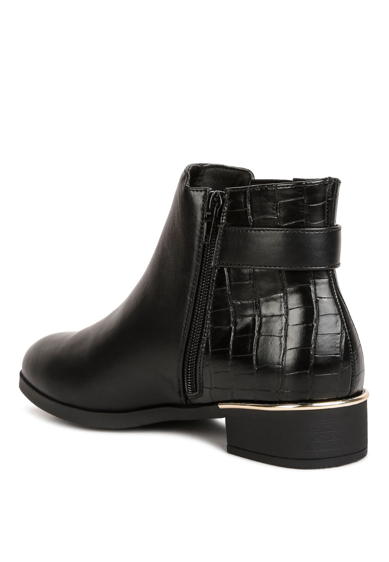 Frothy Buckled Ankle Boots featuring croc detail, metallic buckle, and block heels, perfect for formal occasions.