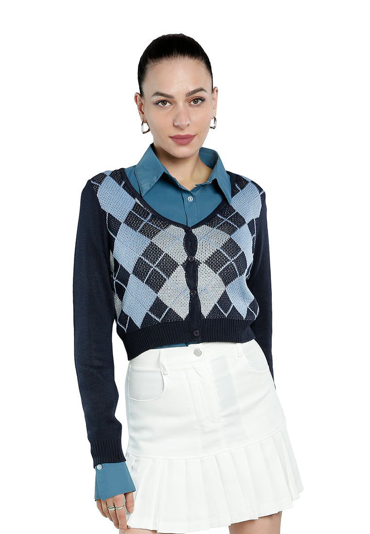 Full Sleeve Argyle Checks Cardigan featuring a stylish checkered pattern, V-neck, and button-up front, perfect for fall layering.