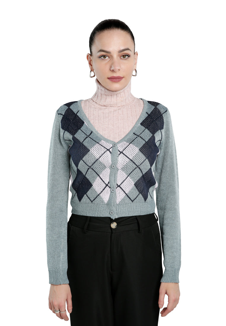 Full Sleeve Argyle Checks Cardigan featuring a stylish checkered pattern, V-neck, and button-up front, perfect for fall layering.