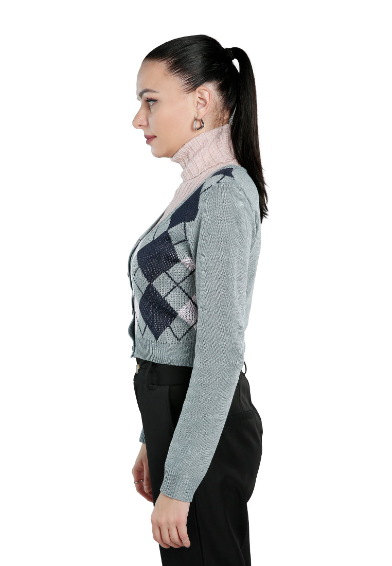 Full Sleeve Argyle Checks Cardigan featuring a stylish checkered pattern, V-neck, and button-up front, perfect for fall layering.