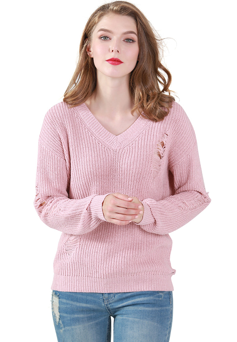 A stylish pink full sleeve ribbed knit sweater with a V-neck design, showcasing a textured ribbed pattern.