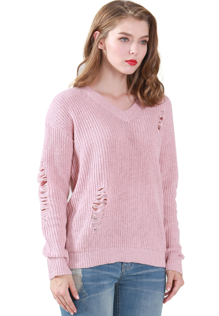 A stylish pink full sleeve ribbed knit sweater with a V-neck design, showcasing a textured ribbed pattern.