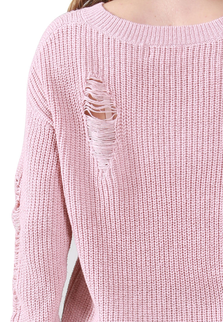 A stylish pink full sleeve ribbed knit sweater with a V-neck design, showcasing a textured ribbed pattern.