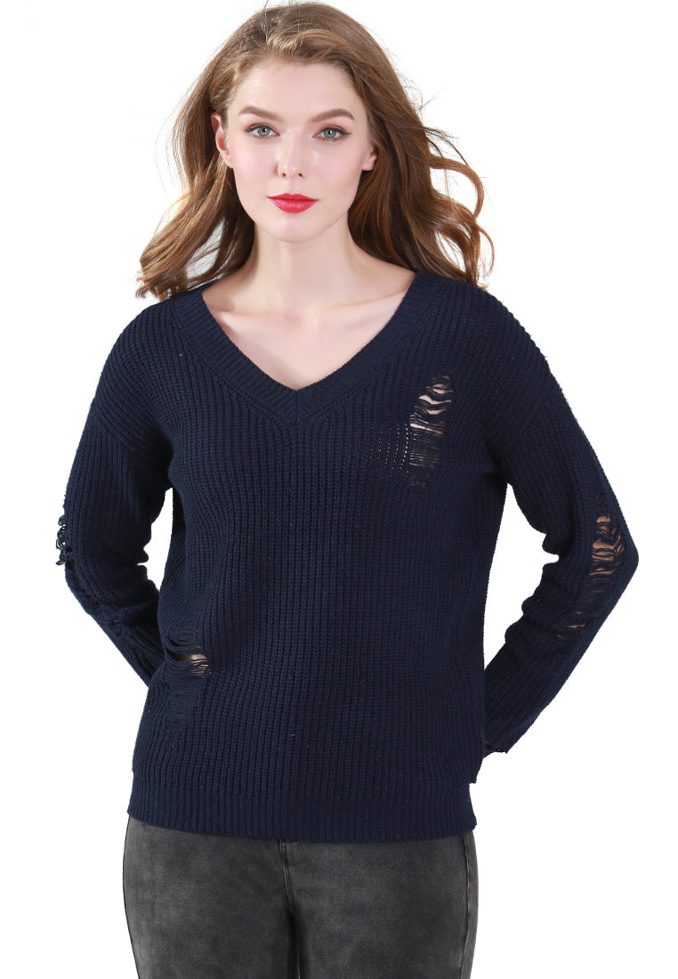 A stylish pink full sleeve ribbed knit sweater with a V-neck design, showcasing a textured ribbed pattern.