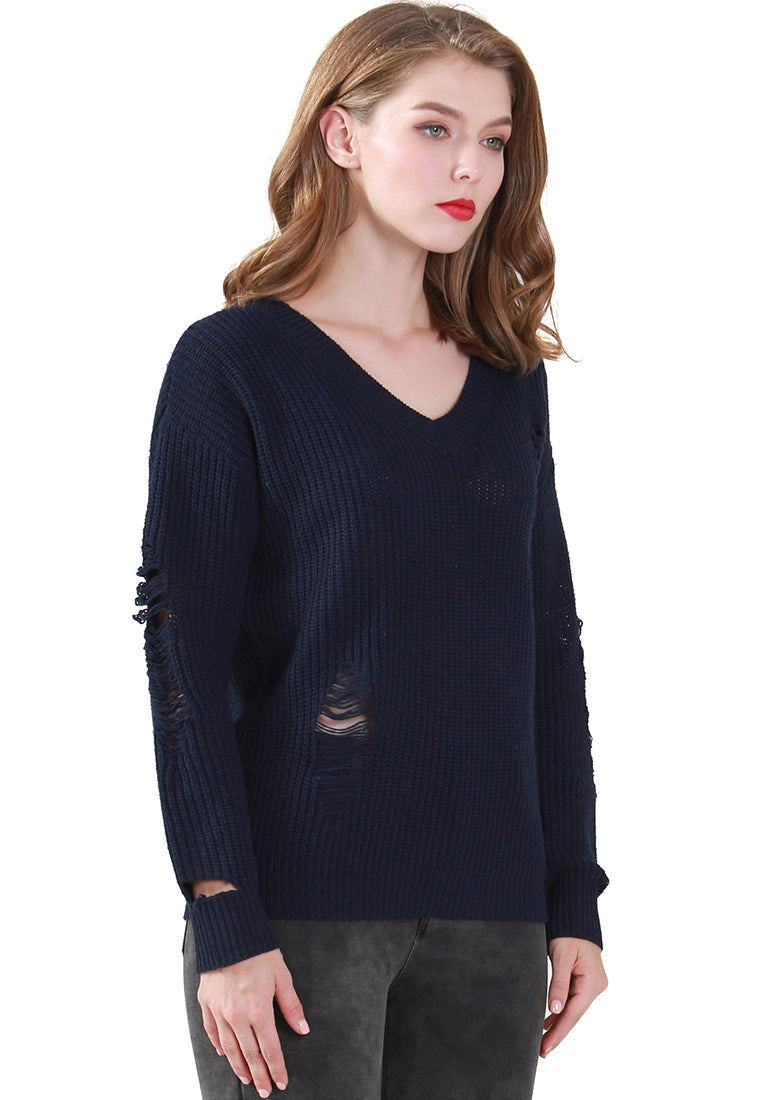 A stylish pink full sleeve ribbed knit sweater with a V-neck design, showcasing a textured ribbed pattern.