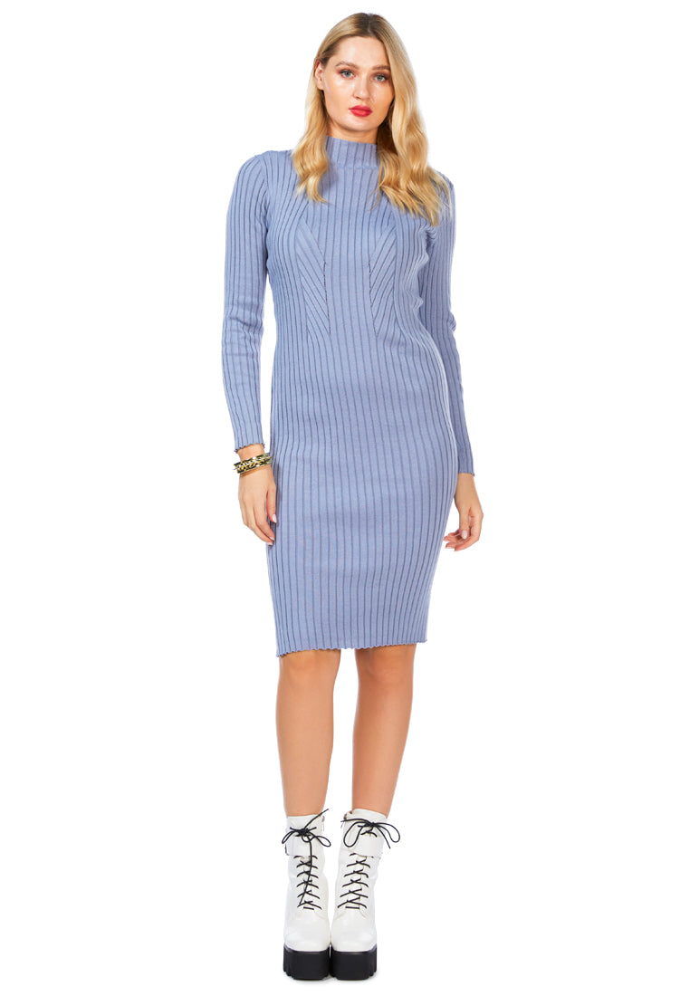 Full Sleeved Rib Knit Bodycon Dress in a stylish rib knit pattern, featuring long sleeves and a crew wavy neckline, perfect for casual and formal occasions.