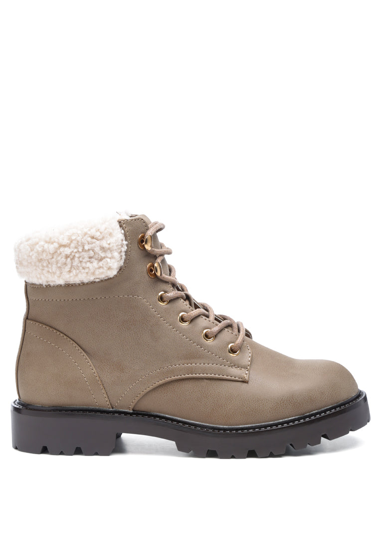 Fur Collared Biker Boots in Taupe with lace-up design and soft fur lining, showcasing durable polyurethane upper and round toe.