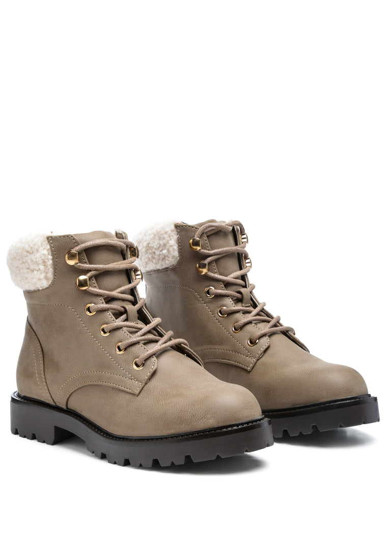 Fur Collared Biker Boots in Taupe with lace-up design and soft fur lining, showcasing durable polyurethane upper and round toe.