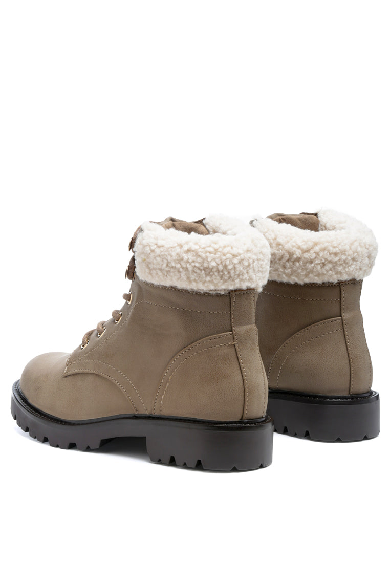 Fur Collared Biker Boots in Taupe with lace-up design and soft fur lining, showcasing durable polyurethane upper and round toe.