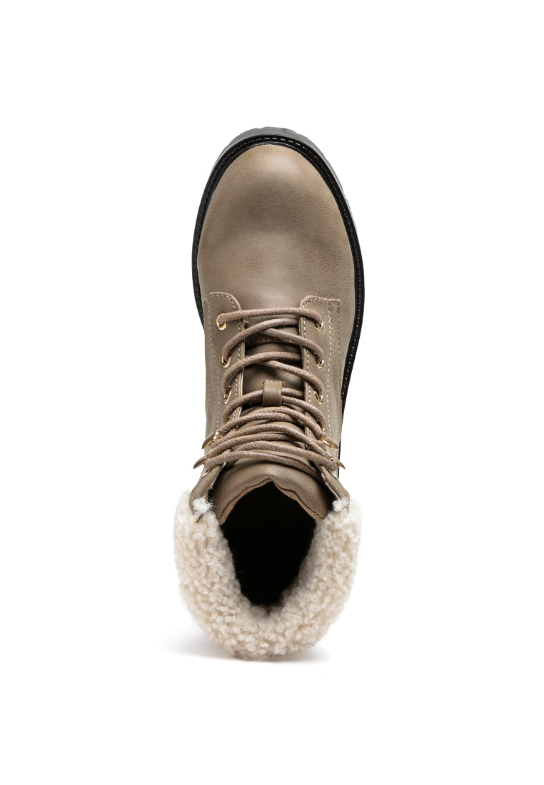 Fur Collared Biker Boots in Taupe with lace-up design and soft fur lining, showcasing durable polyurethane upper and round toe.