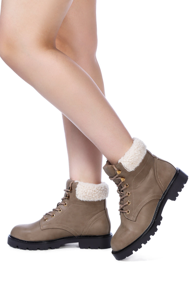 Fur Collared Biker Boots in Taupe with lace-up design and soft fur lining, showcasing durable polyurethane upper and round toe.