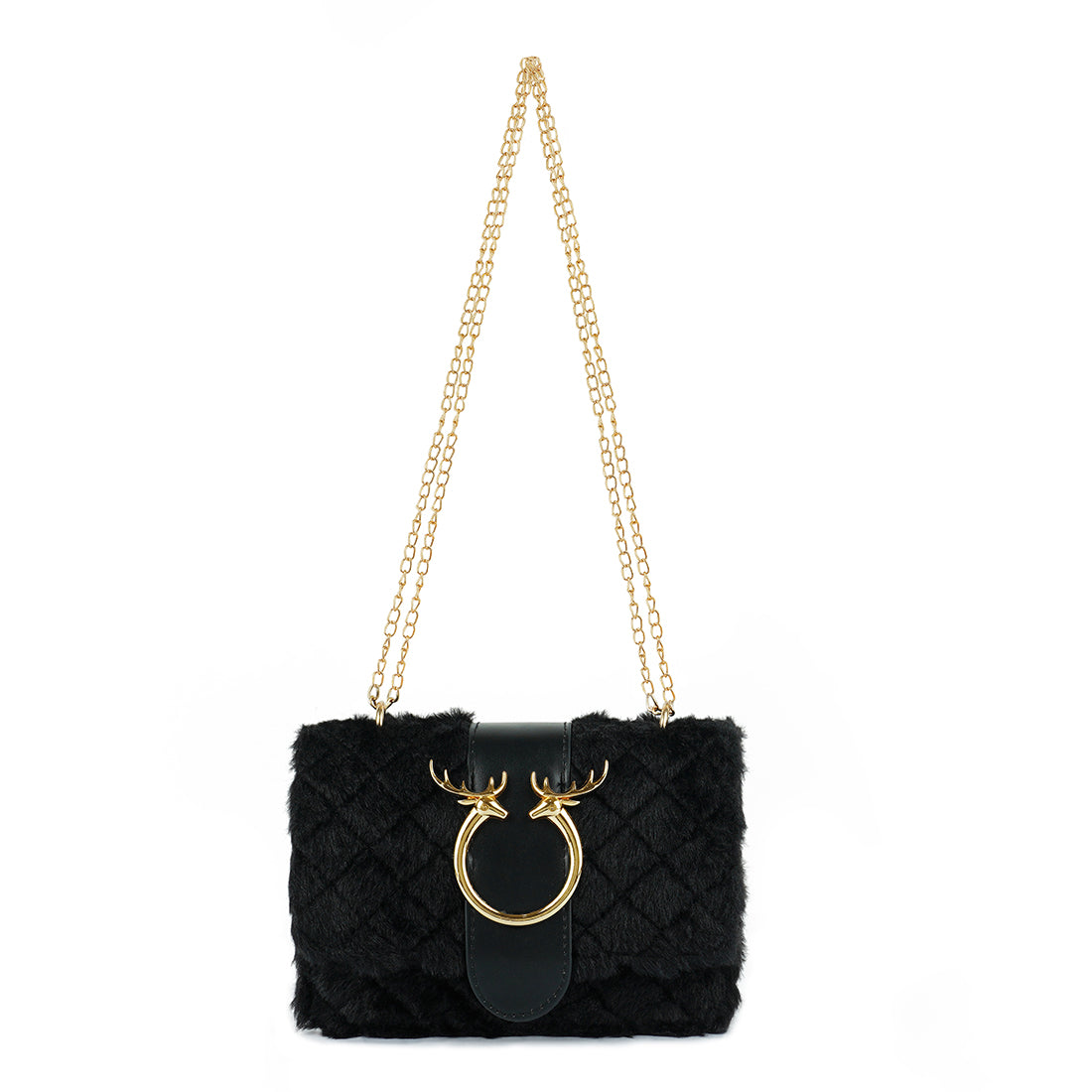 A stylish Furry Mini Sling Bag featuring faux fur material, fancy buckle details, and a long chain for versatile carrying options.